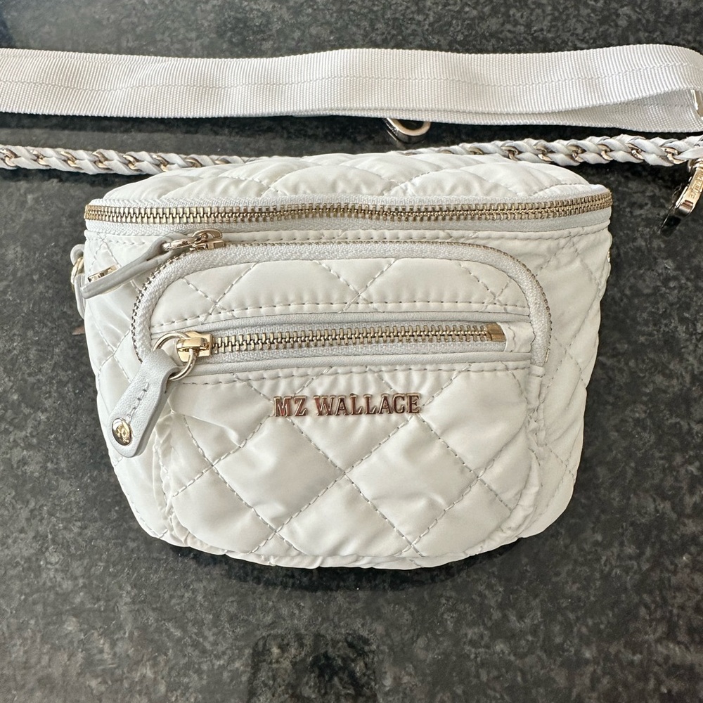 MZ Wallace White Quilted Crossbody Micro Sling Bag with Adjustable Straps